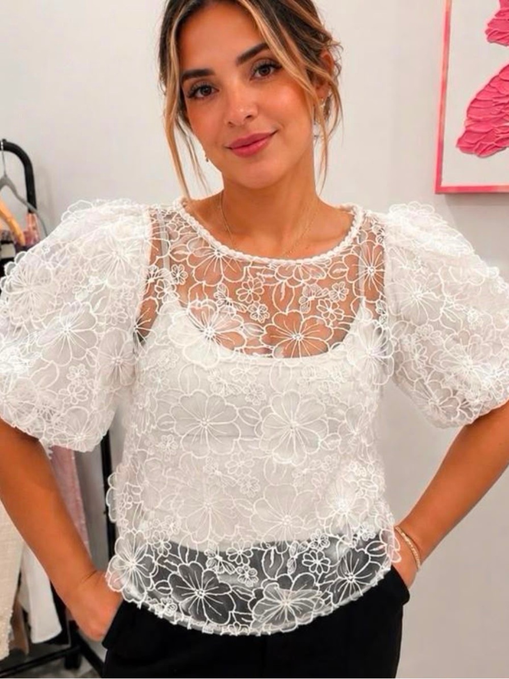 White Floral Lace Puff-Sleeve Top by